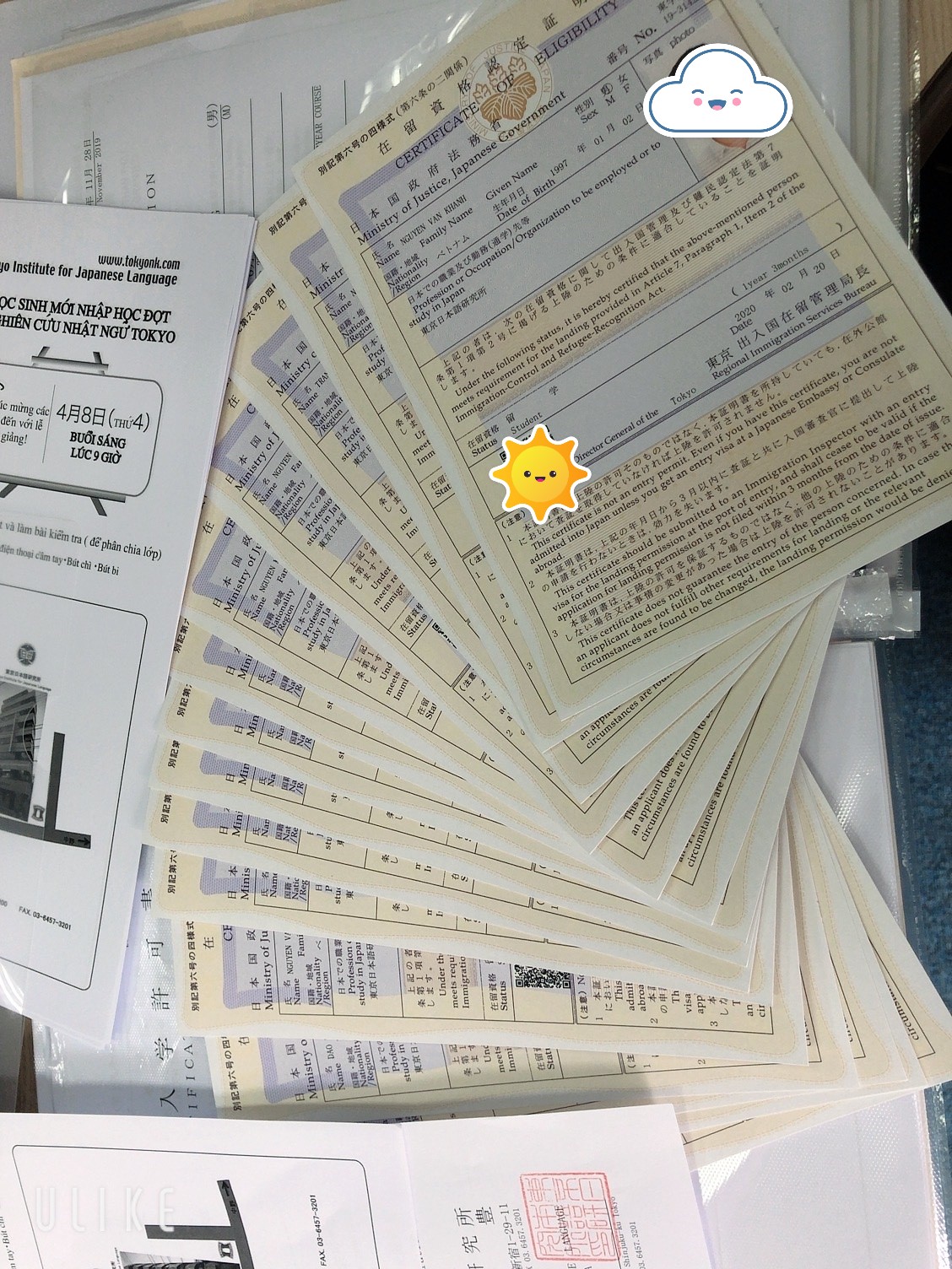 Xin chúc mừng các bạn đã có COE(tư cách lưu trú tại Nhật) học kỳ tháng 4/2020 